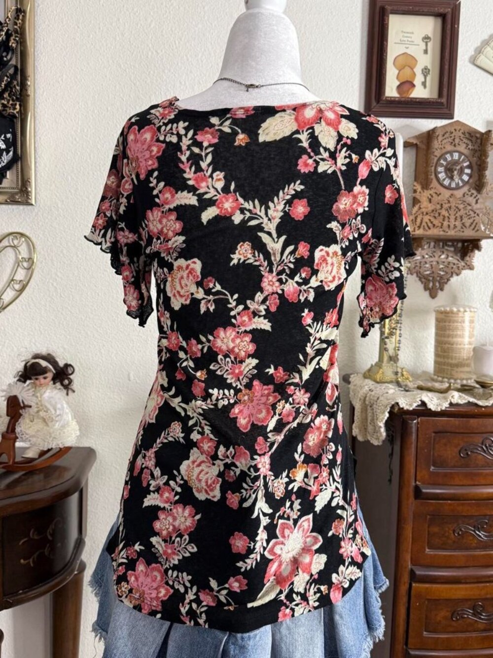Y2k romantic fairy grunge floral semi sheer mesh top w square neckline - Picture 5 of 5
